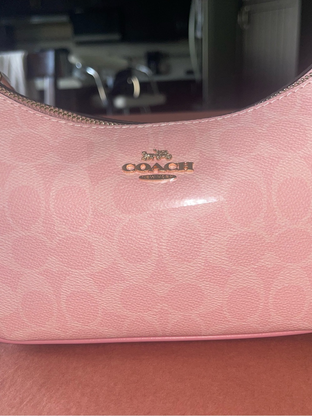 Coach Light Pink Signature Crescent Crossbody with Gold Logo